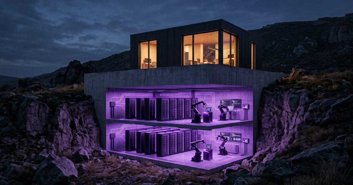 A cutaway of a modern building over an underground server floor lit in purple, robotic arms working autonomously beneath it.