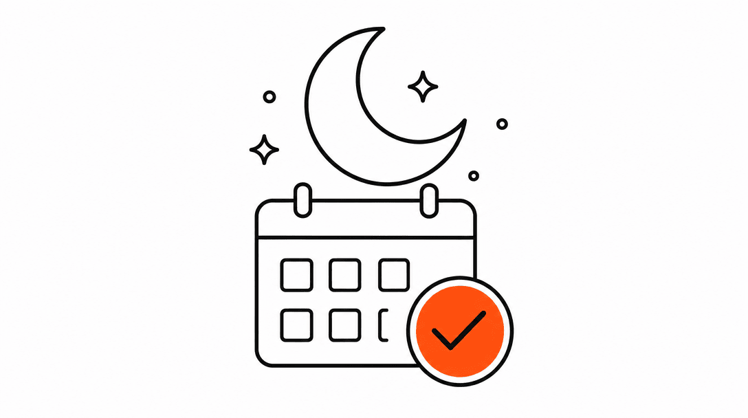 A crescent moon in black outline with a calendar and a checkmark underneath it in orange, representing a booking confirmed during nighttime hours.