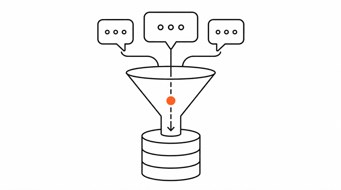 A funnel shape at the top feeding into a database cylinder at the bottom, with a single orange data dot traveling down through the funnel into the cylinder, representing structured data flowing from a conversation into a CRM record