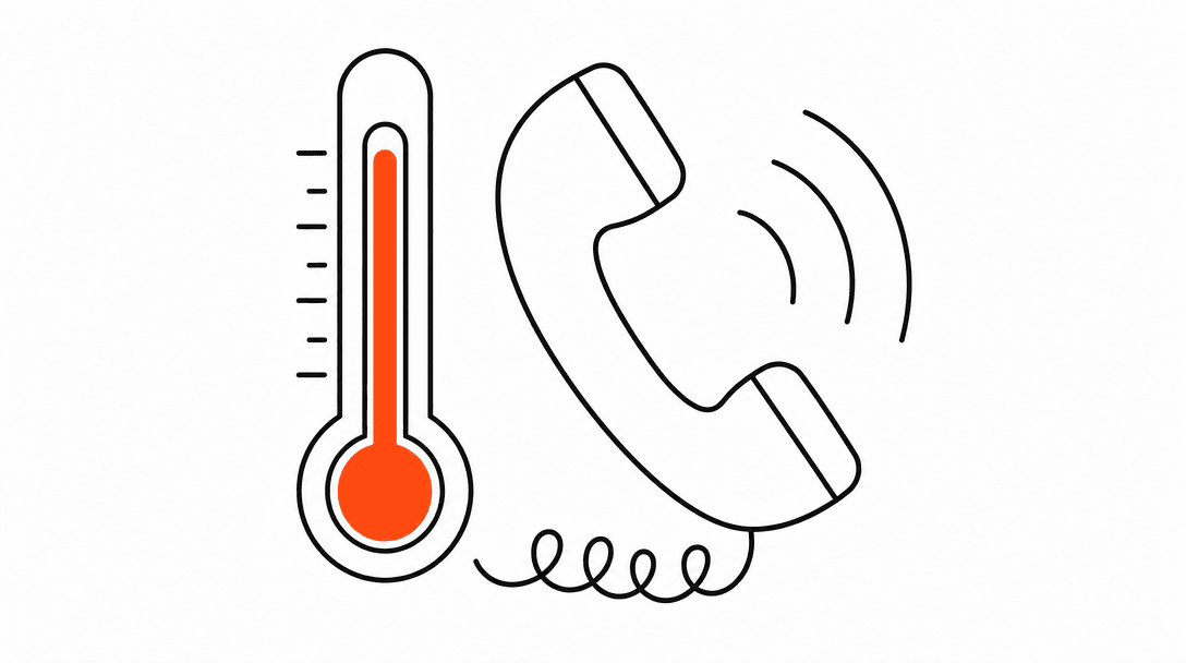 A thermometer with a high reading, mercury colored orange, next to a telephone handset representing high-volume inbound call demand during peak season