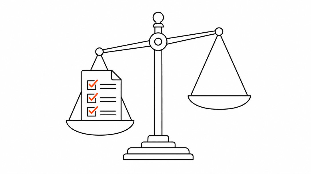 A legal scale outline with one pan holding a checklist document, the checkmarks colored orange, representing intake criteria being weighed against practice area fit