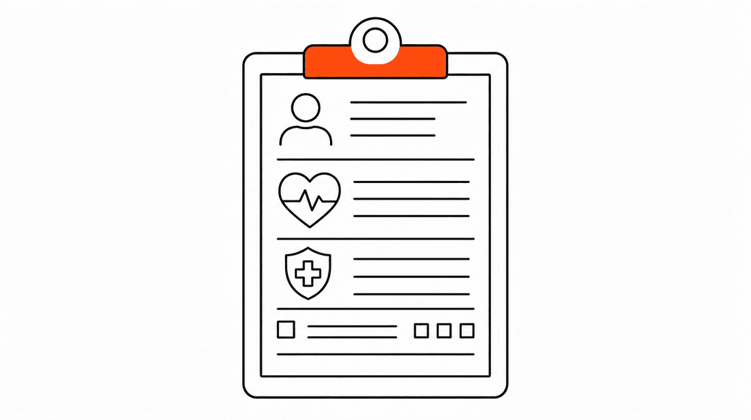 A clean white clipboard with a single treatment intake form, the top edge of the clipboard colored in Electric Lava orange, representing structured clinical intake in a professional format.