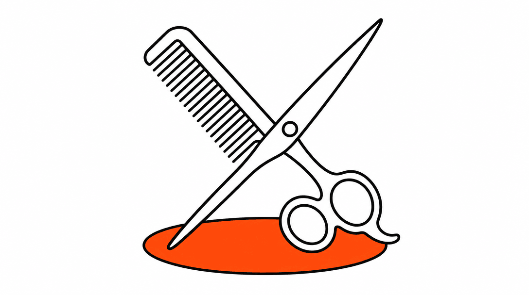 A hair comb and scissors crossed in an X shape, with an orange oval appointment slot underneath representing a scheduled salon visit