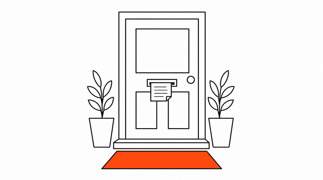 A door with an orange welcome mat beneath it and a document sliding through the mail slot, representing automated intake delivery during client onboarding