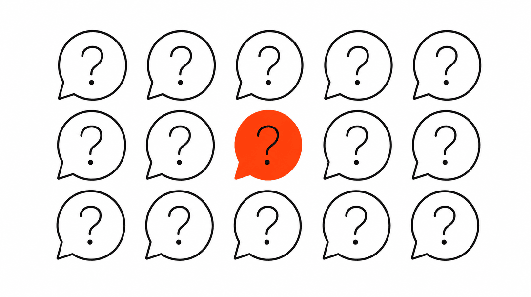 A grid of speech-bubble outlines, most identical in shape, with one bubble filled orange, representing one unique question standing out among repeated identical ones