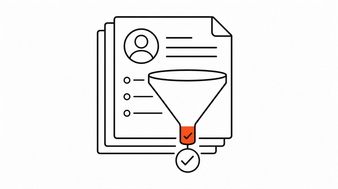 A stack of resume sheets with a funnel overlaid, the narrow exit at the bottom colored orange with one small checkmark, representing only qualified candidates passing through.