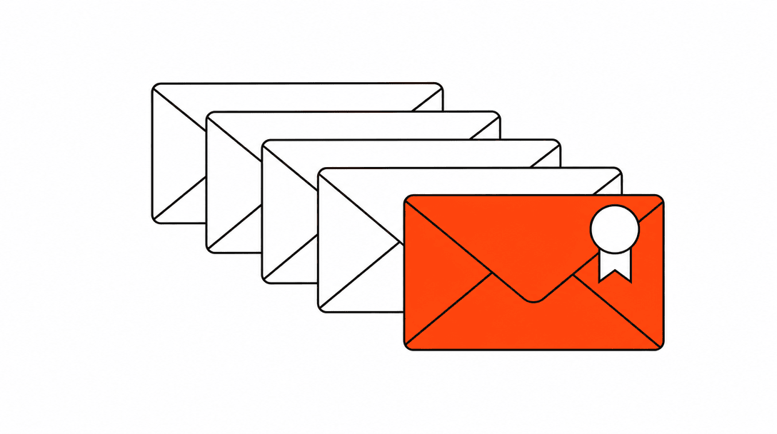 A horizontal row of envelopes, most grey and stacked, with one envelope at the front colored orange and a priority tag on it, representing a triaged high-priority message.