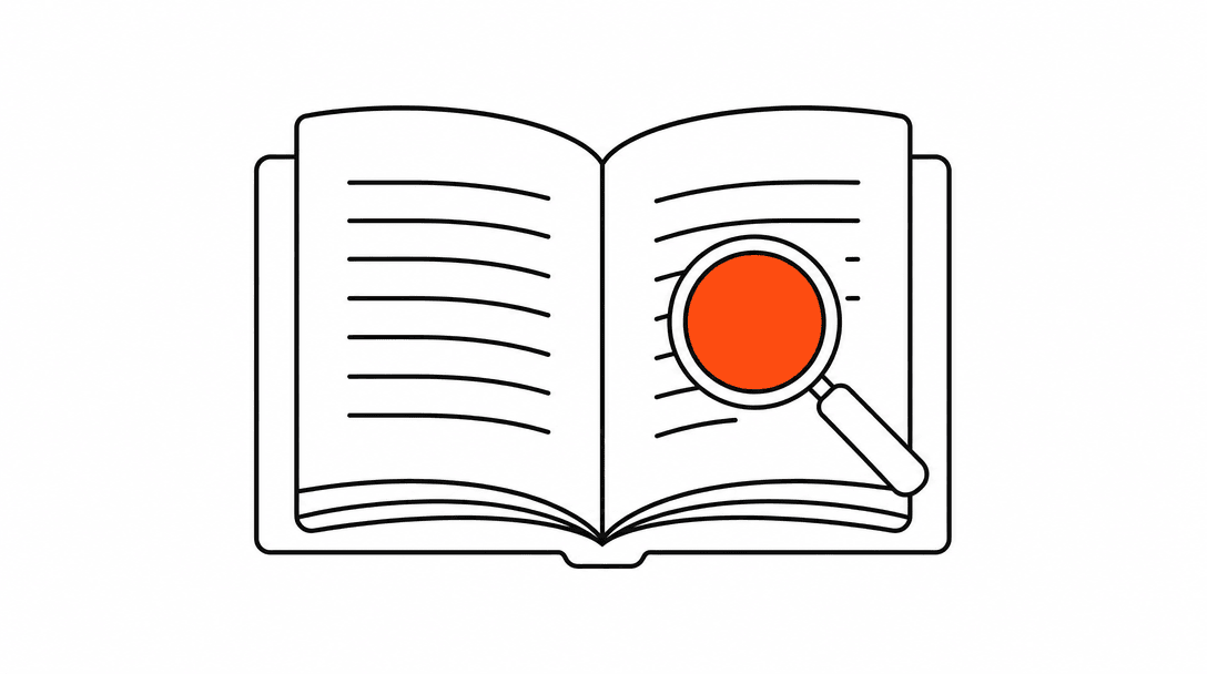 An open book outline with a magnifying glass over one page, the lens circle filled orange, representing searching your own documentation.