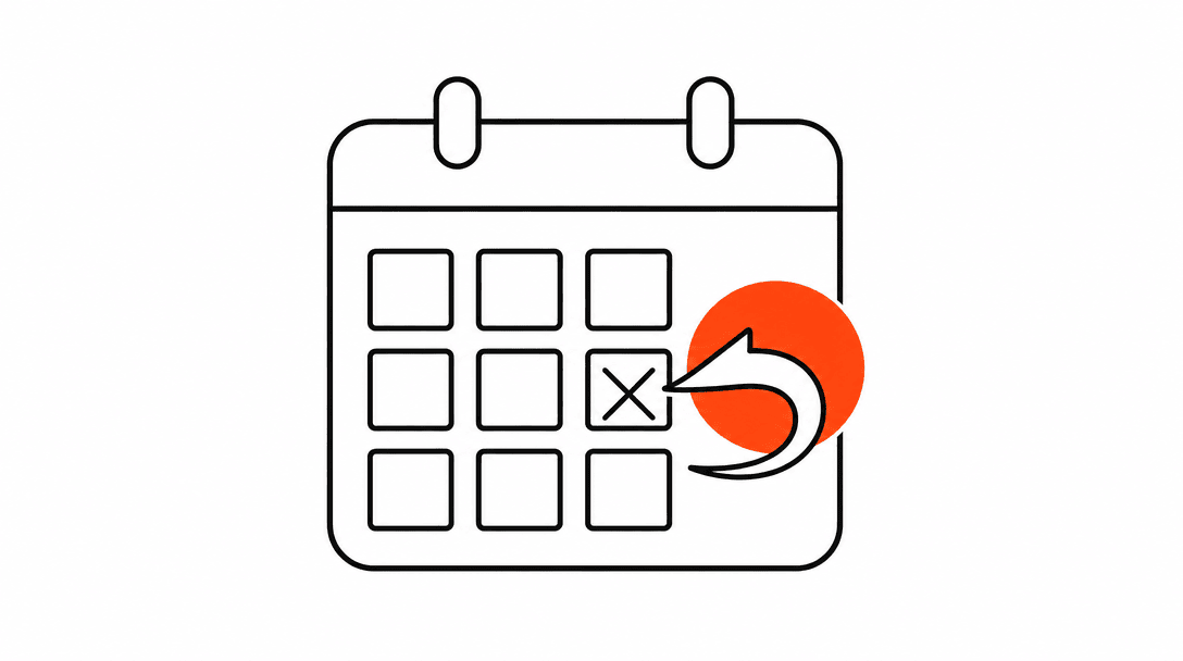 A calendar slot with an X through it in black, and a circular orange arrow returning to the same slot, representing an automatically rebooked appointment.