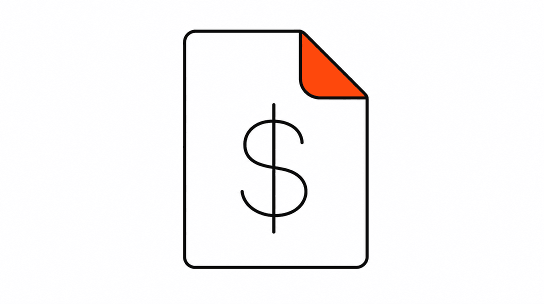 A document outline with a dollar-sign shape inside it, one corner of the document folded back in orange, like a price page being turned.