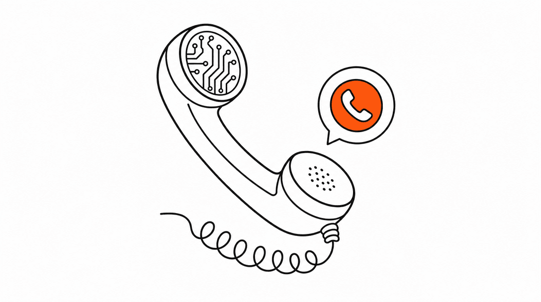 Flat line drawing of a phone handset with a small circuit-board pattern inside the earpiece, one orange accent on the answer button, white background, black lines.