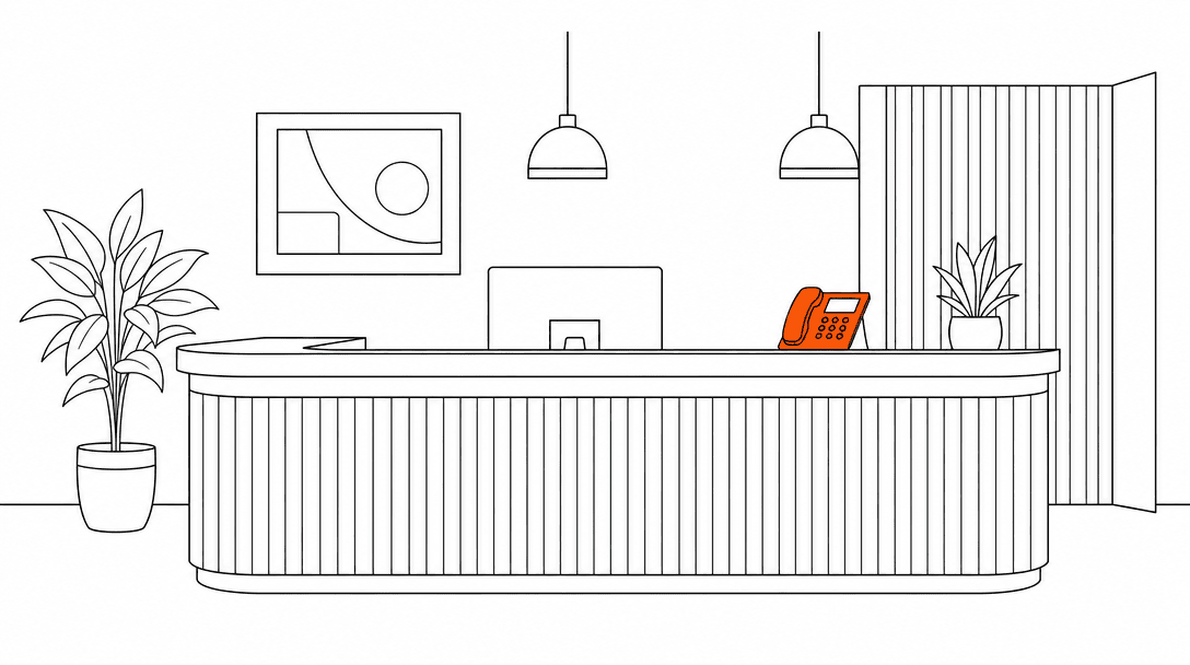 Flat line drawing of a front-desk reception counter from the visitor's angle, with one orange accent on the phone unit, white background, black lines