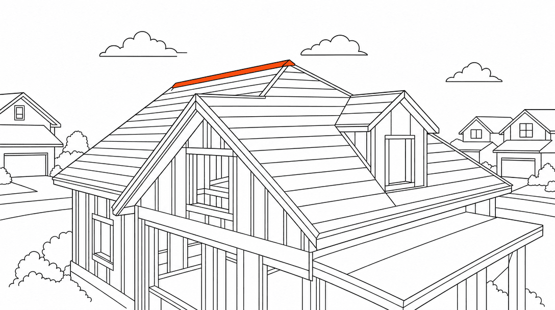 Flat line drawing of a new-construction roofline in a suburban subdivision, one orange accent on the ridge cap, white background, black lines.