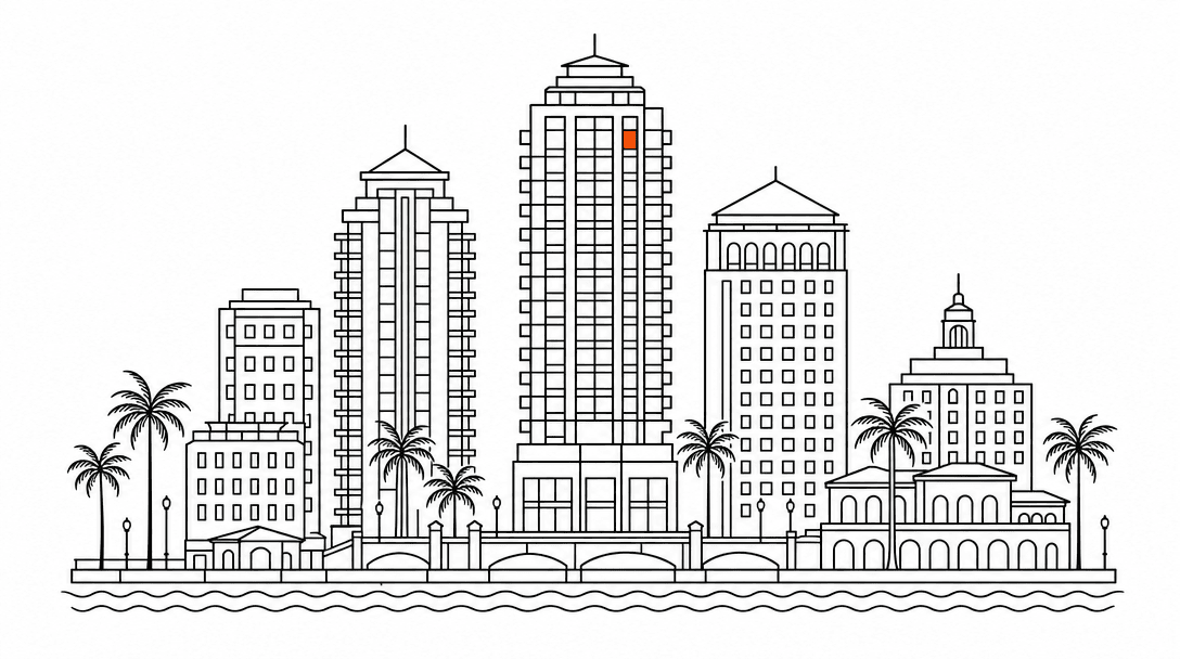 Flat line drawing of downtown West Palm Beach high-rise silhouette with one orange-accented lit window square near the top, white background, black architectural lines.