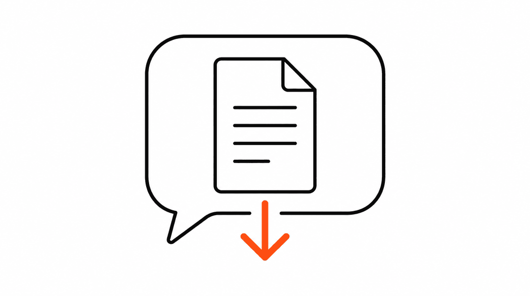 A chat bubble with a document icon inside it and a small orange download arrow emerging from the bottom, representing a file sent within a live conversation