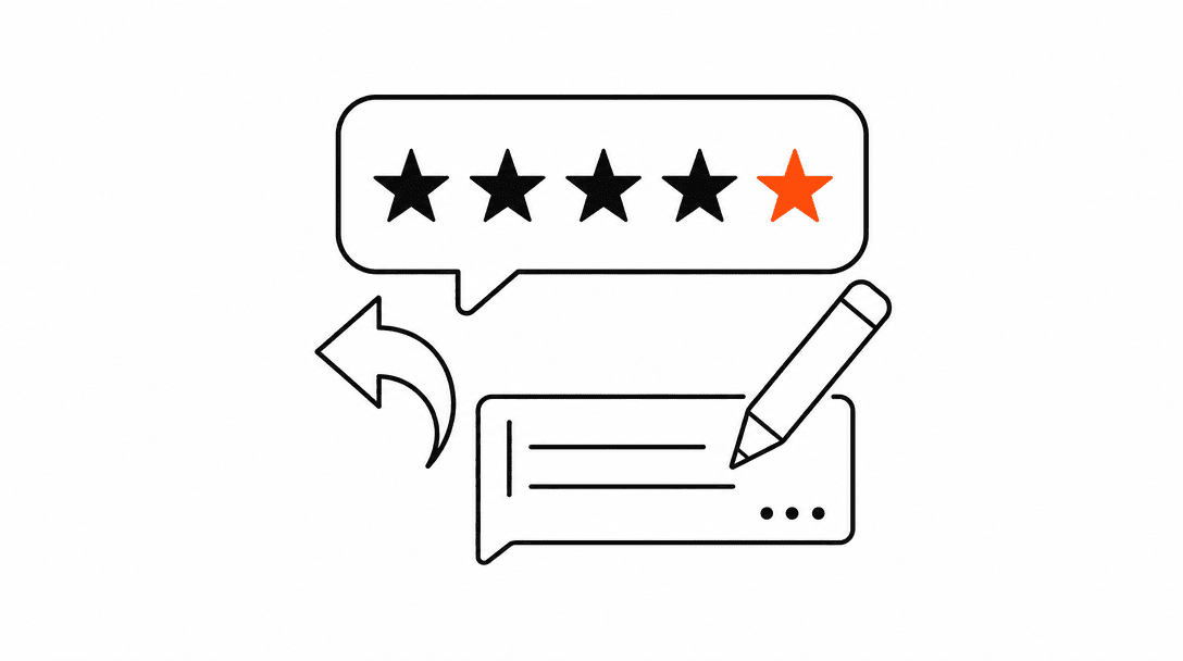 A star rating row with four stars filled black and one star filled orange, with a small reply arrow beneath it, representing a response being composed to a specific review.