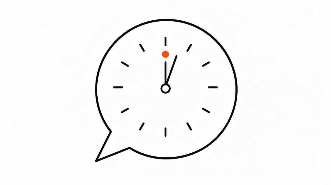 A speech bubble with a clock hand inside it, with a single orange dot on the clock face at the 12-second mark, on a white background with black line art.
