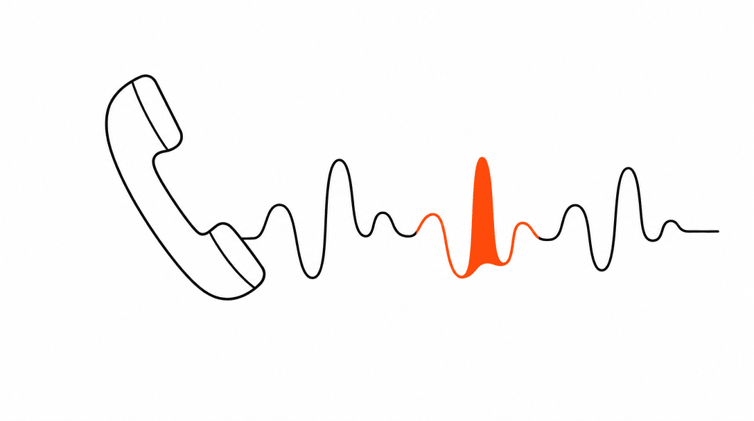 A telephone handset with a waveform running through its cord, one segment of the waveform highlighted in orange to represent the AI voice agent's turn in a conversation
