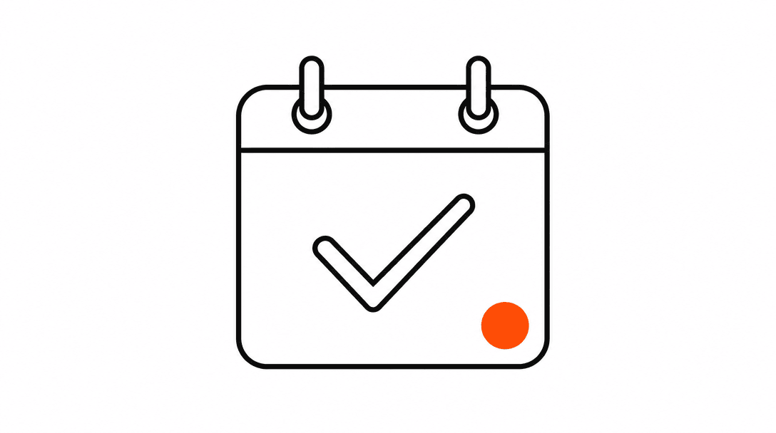 A calendar square with a single large black checkmark and one small orange notification dot in the corner