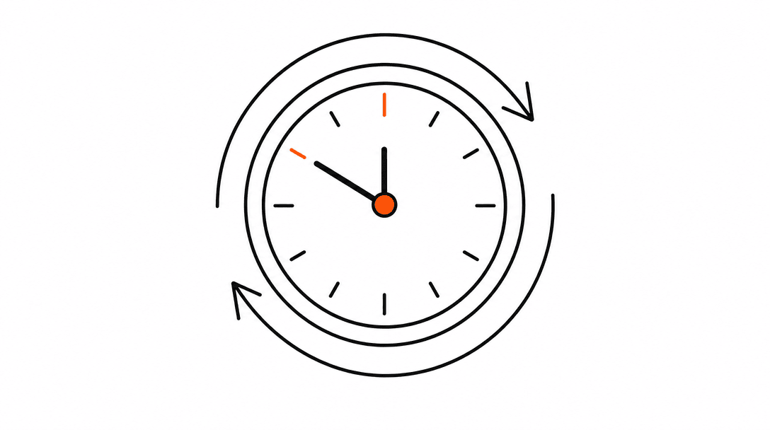A clock face with two short tick marks at the 10 and 12 positions highlighted in orange, representing 48-hour and same-day reminder triggers, on a white background.