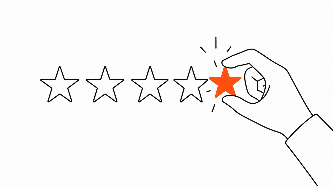 Five stars in a row with the fifth star filled in orange and the first four in black outline on a white background, representing the last star being earned