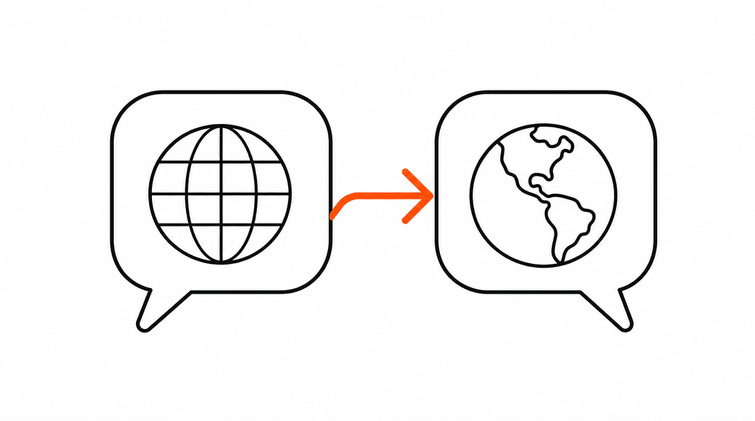 Two speech bubbles side by side, one labeled EN and one labeled ES, connected by a single orange arrow flowing between them on a white background.