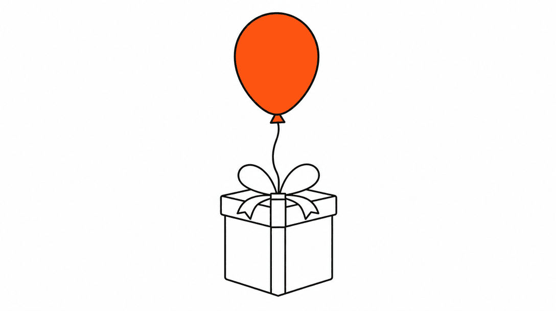 A small gift box with a black ribbon and a single orange balloon floating up from it, flat illustration on white background.