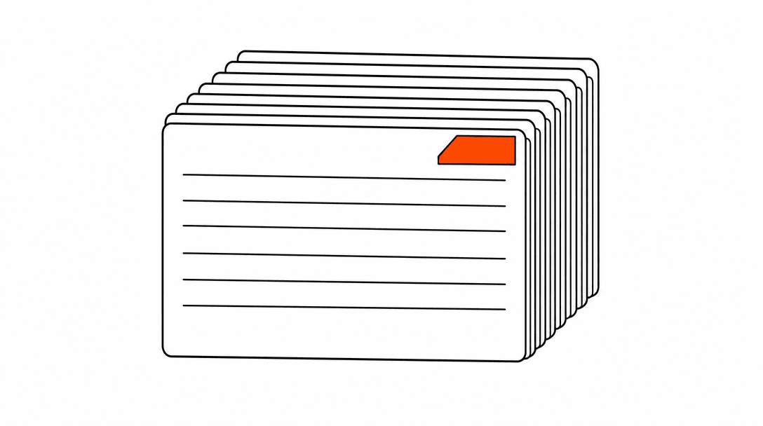 A flat stack of index cards in black outline, the top card has a small orange tag in the upper corner, representing an organized, labeled knowledge library.