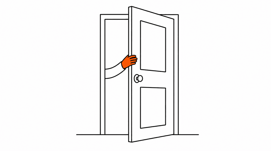 A door ajar in black line art with a small orange hand reaching back to hold it open, representing a last-chance save before a client fully exits.