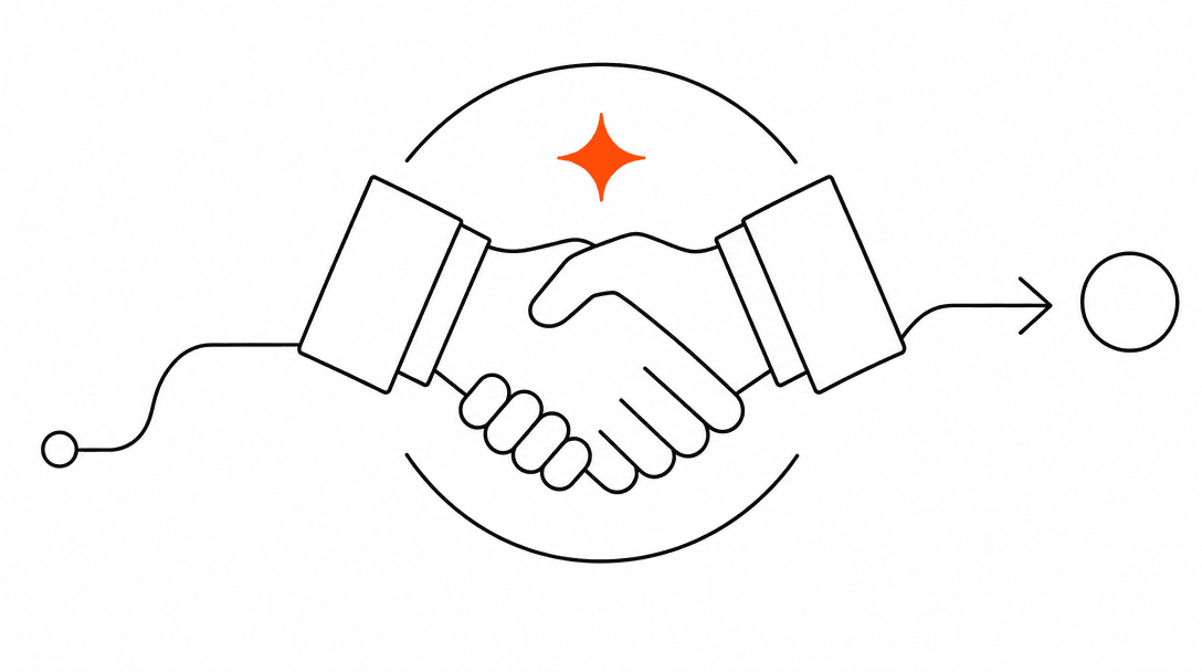 A handshake in flat black line with a small orange spark above the joined hands, representing a deal closed and a sequence beginning