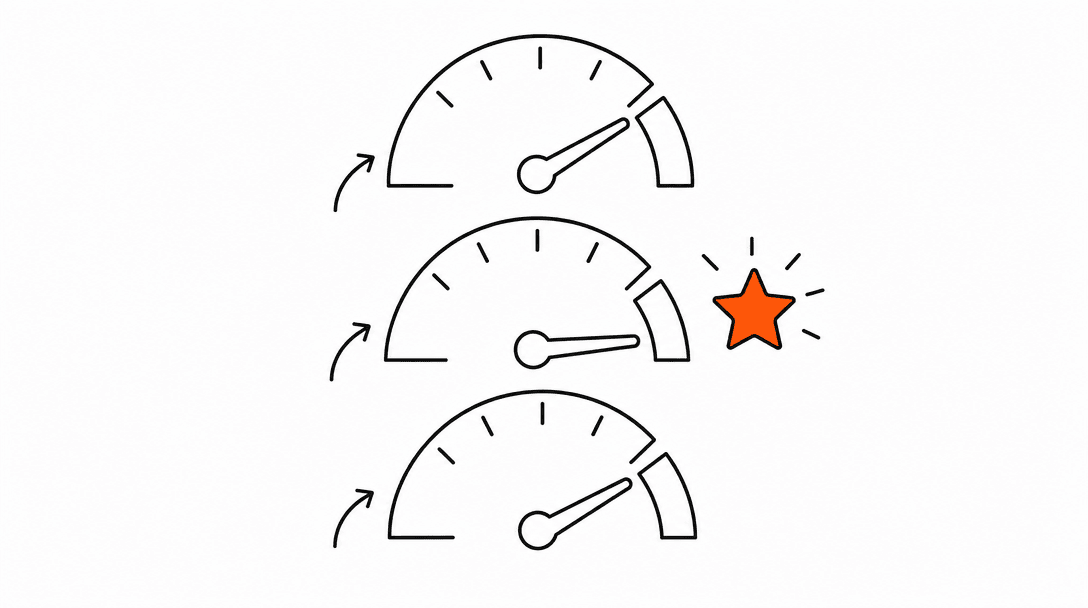 Three vertically stacked gauge dials each showing a needle moving from red to green, with a tiny orange star next to the middle dial, representing LCP, INP, and CLS in flat illustration style on a white background