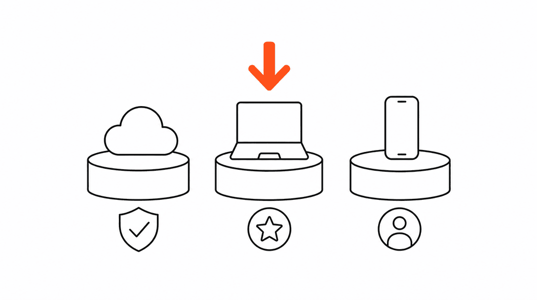 Three CRM platform silhouettes in a row, each with a small attribute icon beneath it, and a single orange selection arrow pointing at the middle one, representing a deliberate comparison leading to a clear choice