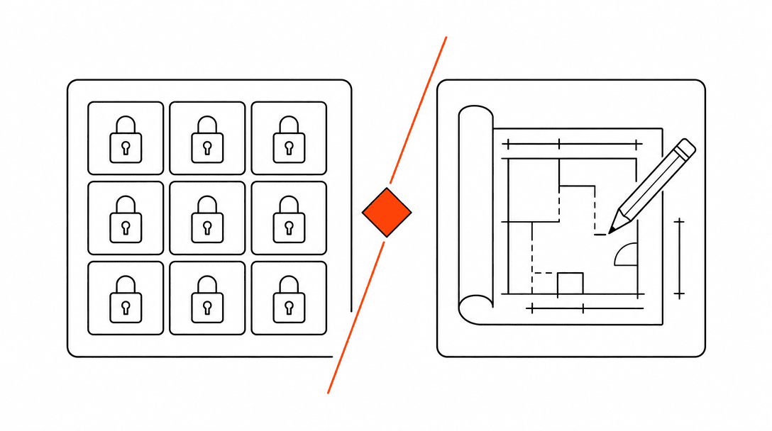 Two side-by-side rectangles: the left shows a grid of locked tiles representing a website builder, the right shows an open blueprint with a pencil mark representing a custom site. An orange diagonal slash divides them with a small decision diamond at the center.