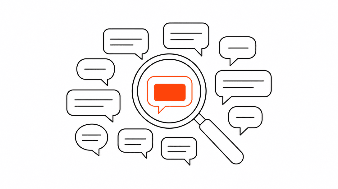 A magnifying glass in black line hovering over a cluster of small speech bubbles, with one bubble outlined in orange to indicate the key phrase being surfaced, on a white background