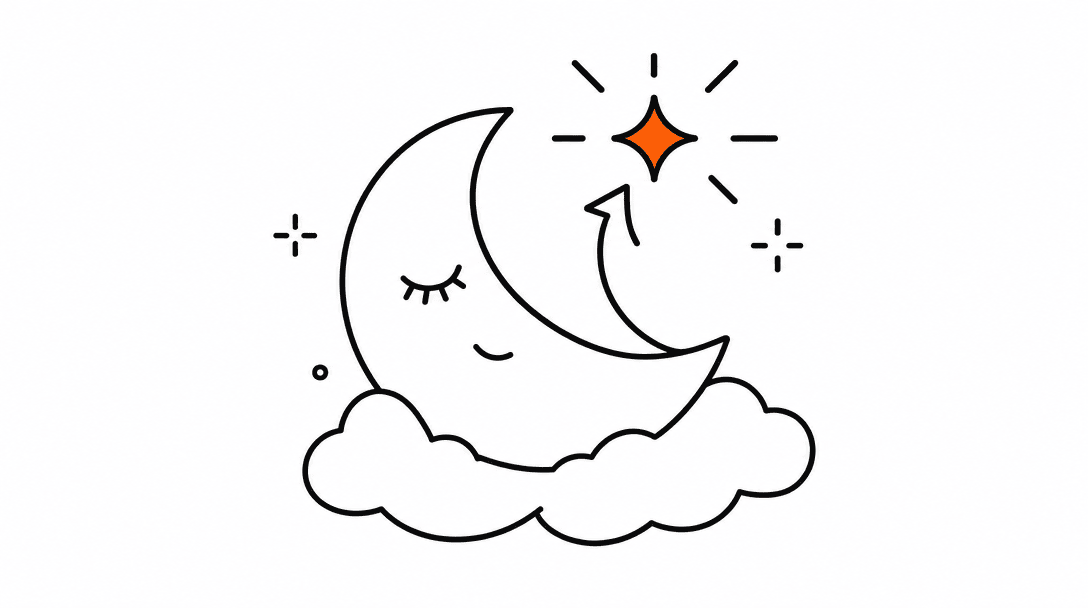 A flat black outline of a sleeping crescent moon with a small orange spark above it, representing a dormant client being reactivated.