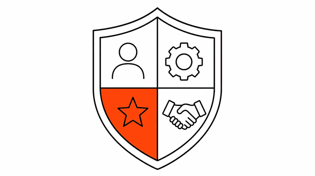 A badge-shield outline divided into four quadrant sections, with the top-left quadrant filled in orange representing the E for Experience, set on a white background with clean black linework.