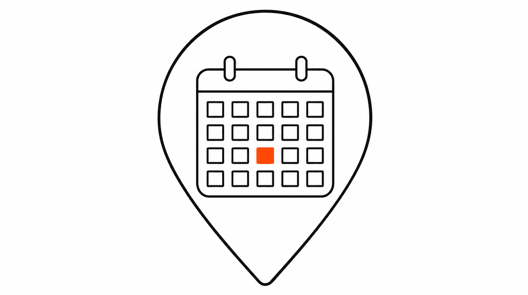 A Google Maps pin outline with a small calendar grid inside it, one day square filled orange, on a white background