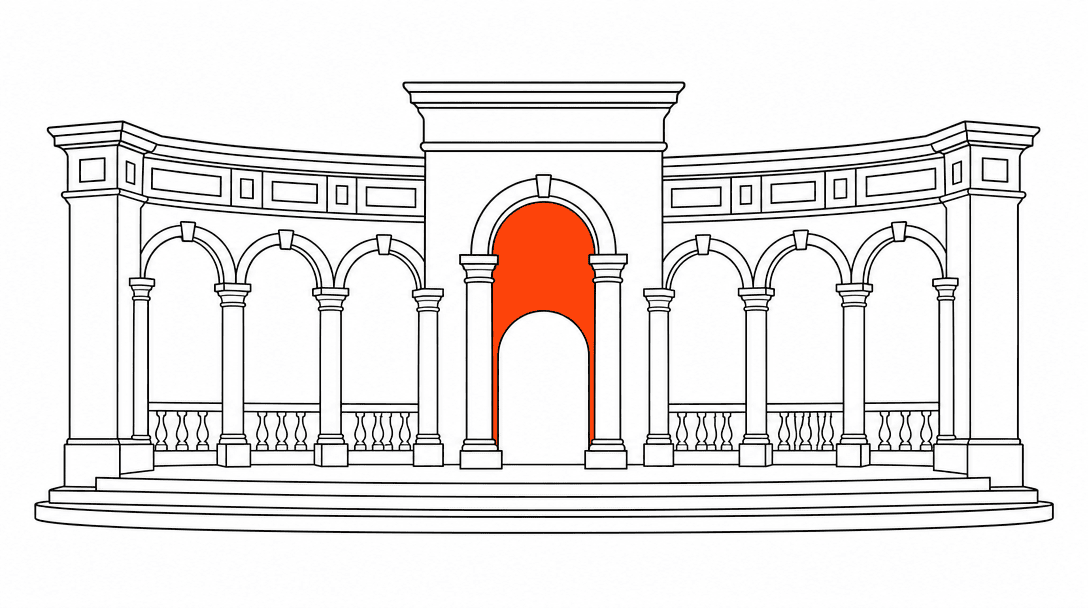 Flat line drawing of the Mizner Park amphitheater colonnade from the front, with one orange accent on the center arch against a white background with black lines