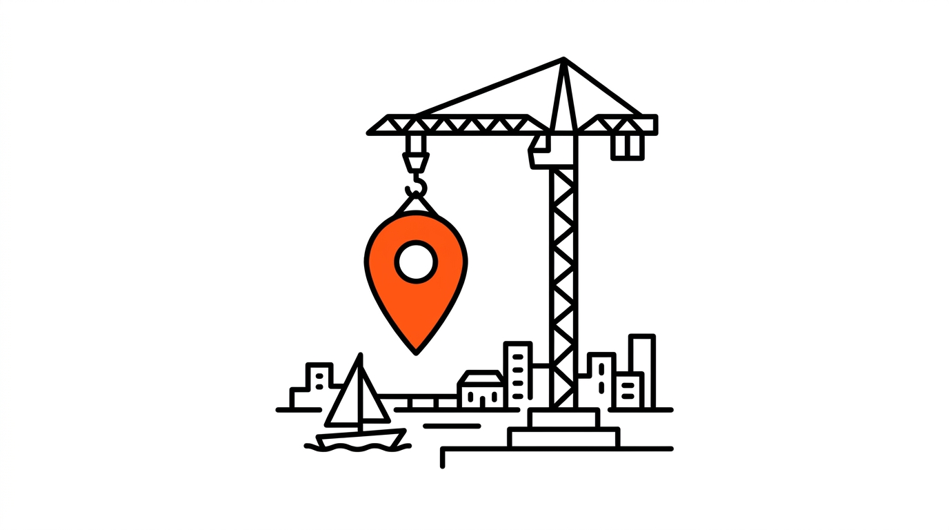 A flat line-drawn waterfront scene with a marina crane and compass rose, one element accented in Electric Lava orange, representing Fort Pierce's working waterfront revival
