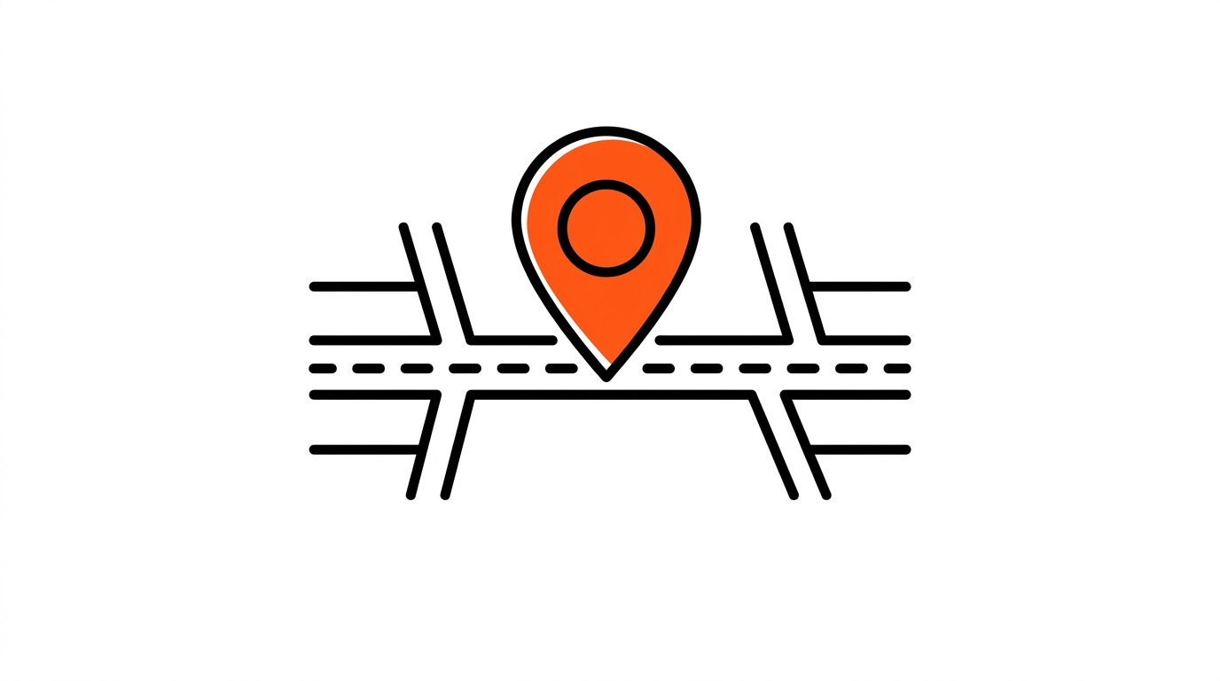 A flat line map of two counties meeting at a waterway, a service pin straddling the county line, one side accented orange, representing Hobe Sound's cross-county position.
