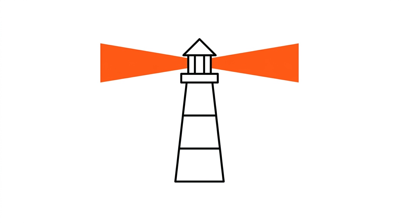 A flat line-drawn lighthouse with a solid orange beam, a nod to the Jupiter Inlet Lighthouse