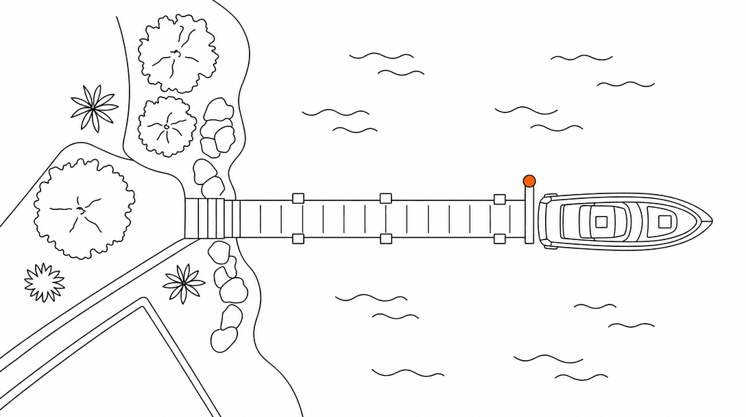 Flat line drawing of the Intracoastal waterway from above with a single dock extending from the shore, orange accent on the dock end post, white background, black lines.