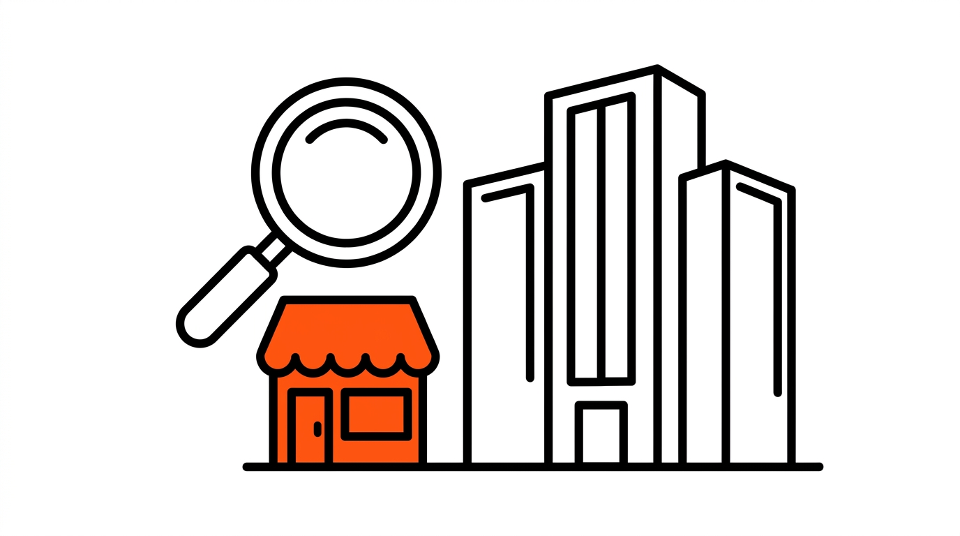 A flat line drawing of a palm tree growing through an upward arrow, one frond accented in Electric Lava orange, representing organic visibility growth in Palm Beach Gardens.