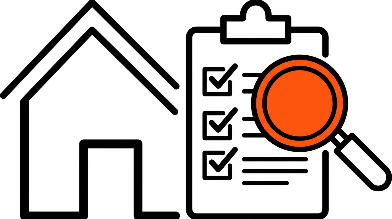 Flat line art of a gated community entry arch with a search pin rising above it, one gate accent in Electric Lava orange, on a white background