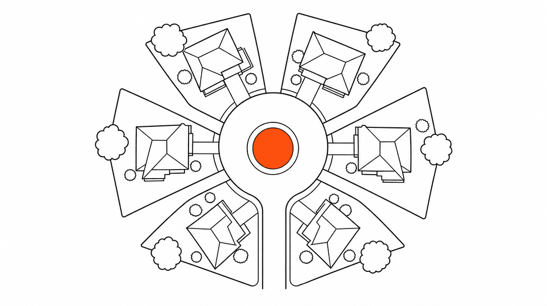 Flat line drawing of a residential cul-de-sac viewed from above, with an orange accent circle marking the central roundabout, on a white background with black lines.