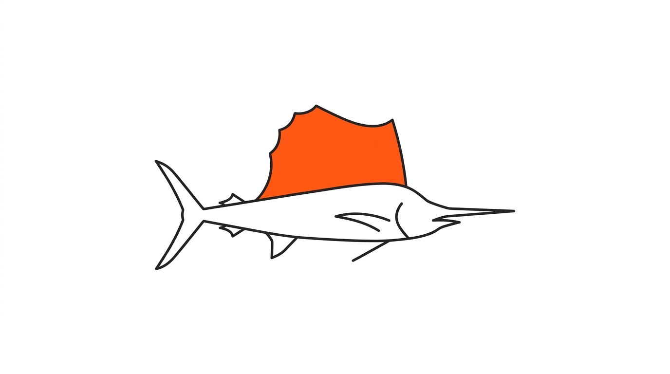 A flat line-drawn sailfish with a solid orange sail fin, a nod to Stuart, the Sailfish Capital