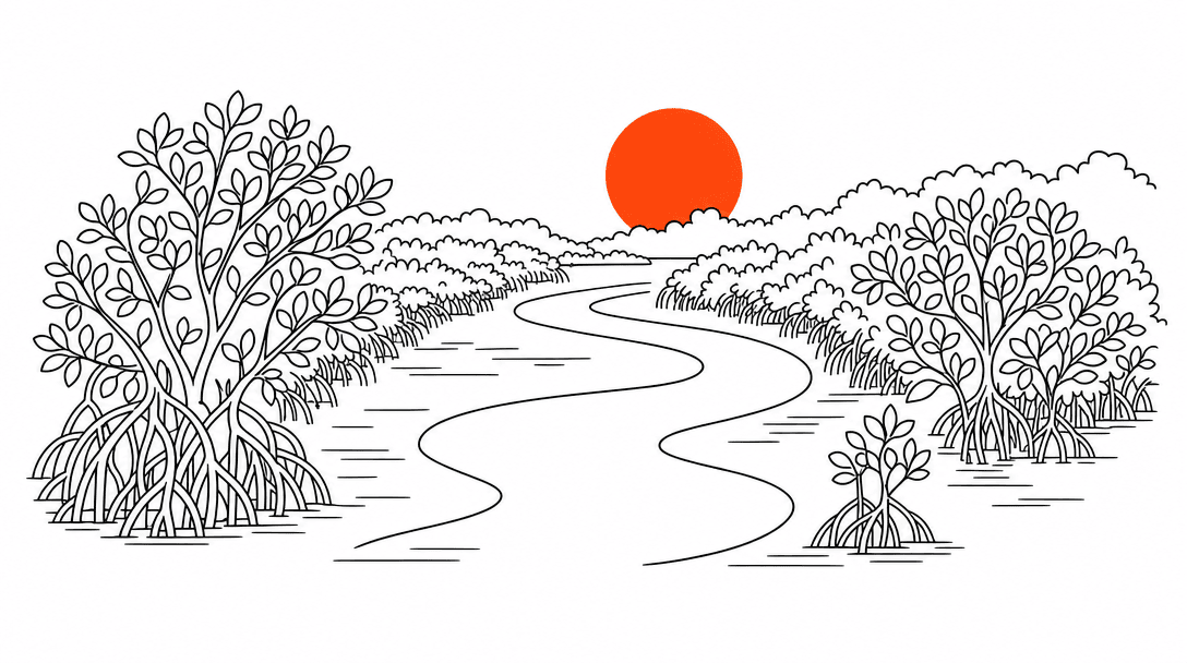 Flat line drawing of the Loxahatchee River snaking through mangroves, one orange accent circle at the river bend, white background, black lines.