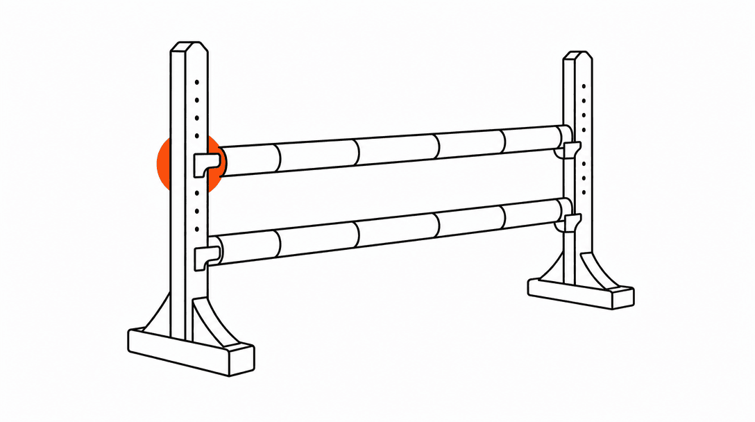 Flat line drawing of two equestrian show-jump rails at an angle, one orange accent circle as the jump cup, white background, black lines