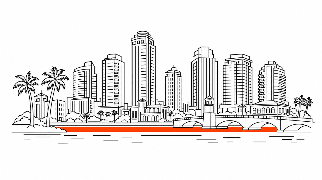 Flat line drawing of the West Palm Beach downtown skyline silhouette with the Intracoastal waterway as a single orange horizontal stripe, white background, black lines.