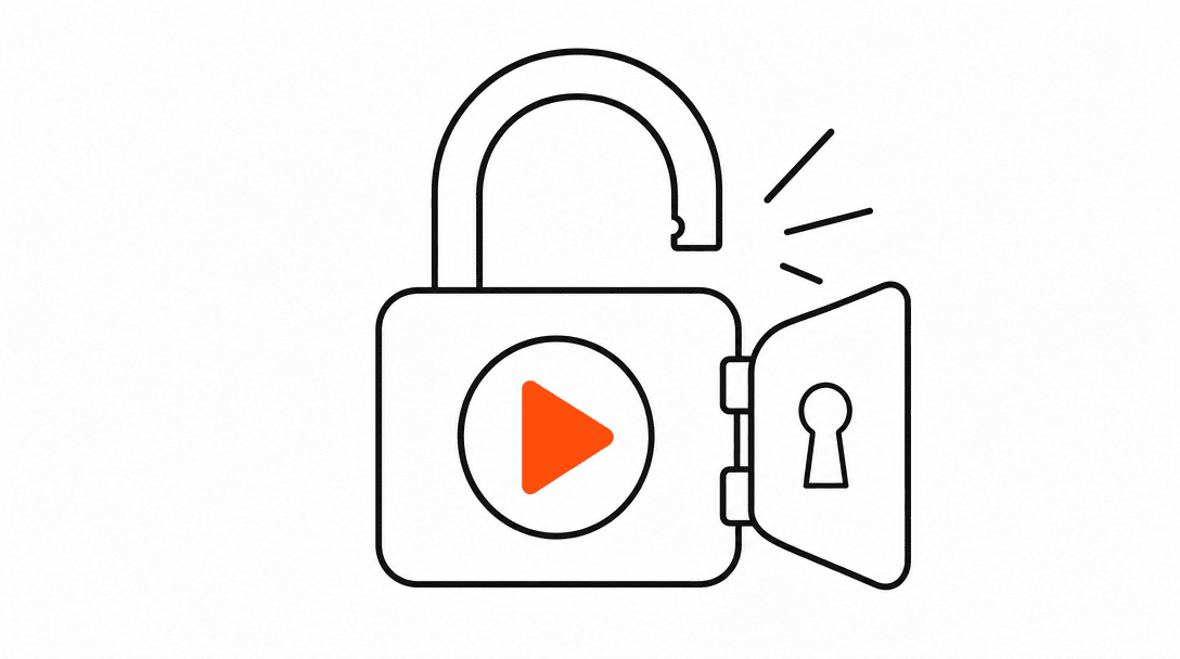 Flat black line illustration of a padlock opening to reveal a small orange play button inside, representing gated course content being unlocked for a paying client.